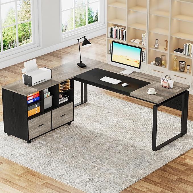 Tribesigns L-Shaped Executive Desk with Reversible File Cabinet 63 Office Desk with Storage Drawers L-Shaped Computer Desk with Drawer Cabinet for Hanging Letter Size Files (Gray &amp Black)