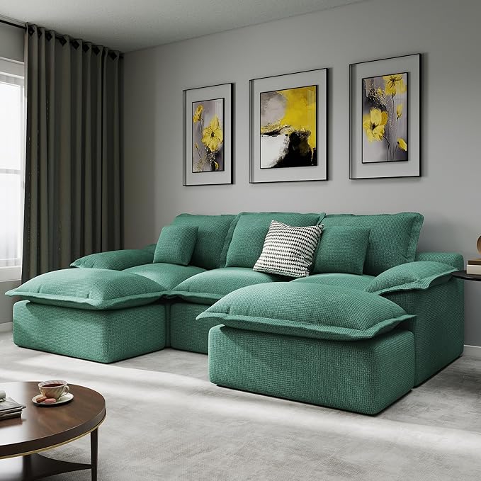 Modular Sectional Sofa 107'' Boneless Couches for Living Room 5-Seat Sofa with 2 Ottomans Cloud U Shaped Couch No Assembly Required Chenille Green