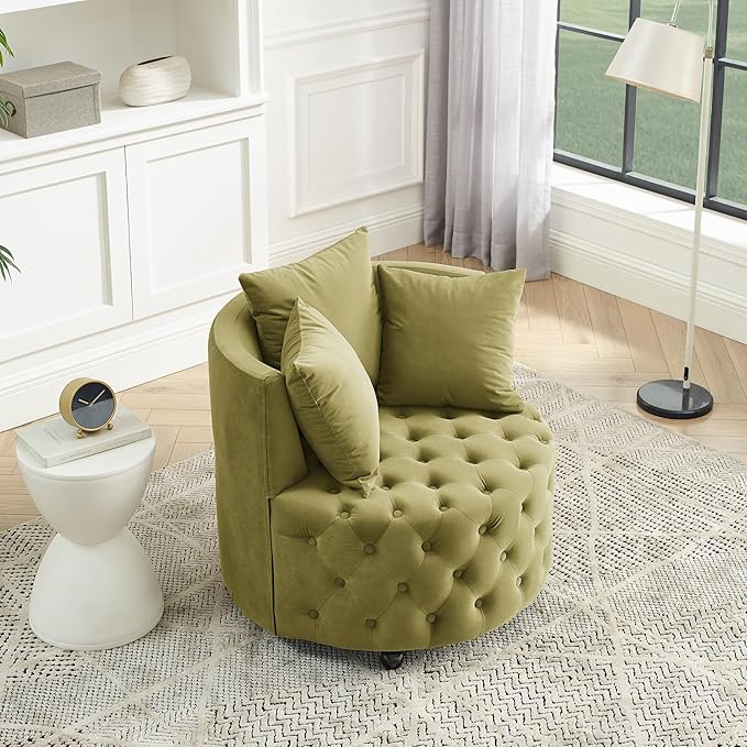 Velvet Upholstered Swivel Chair for Living Room with Button Tufted Design and Movable Wheels Including 3 Pillows Khaki Green