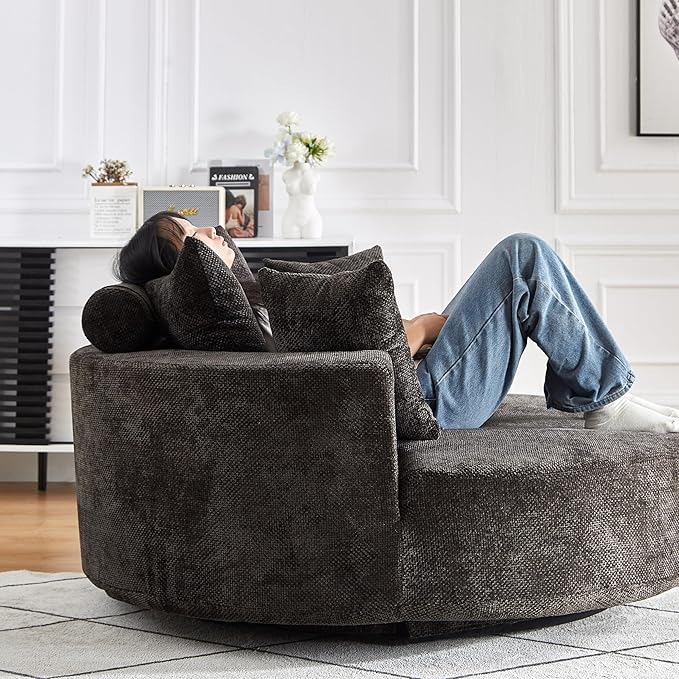 KEIKI 55 Oversized Swivel Accent Chair Large Barrel Chairs Upholstered Round Swivel Chair Chenille Single Sofa Armchair Sleeper Chair for Living Room Lounge Black
