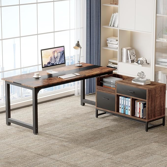 Tribesigns Office Desk with File Cabinet 70.8 L-Shaped Executive Desk for Home Office Workstation Business Furniture Set Rustic Brown/Black