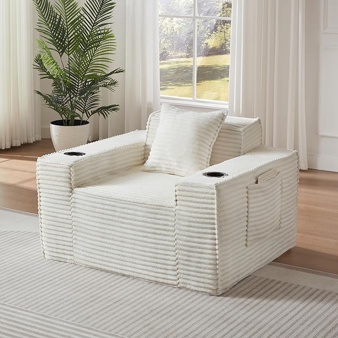 Oversized Cloud Sofa 43'' Upholstered Corduroy Accent Chairs Boneless Floor Couch with Pillow &amp Armrests Comfy Lounge Reading Chair Living Room Chair No Assembly (White)