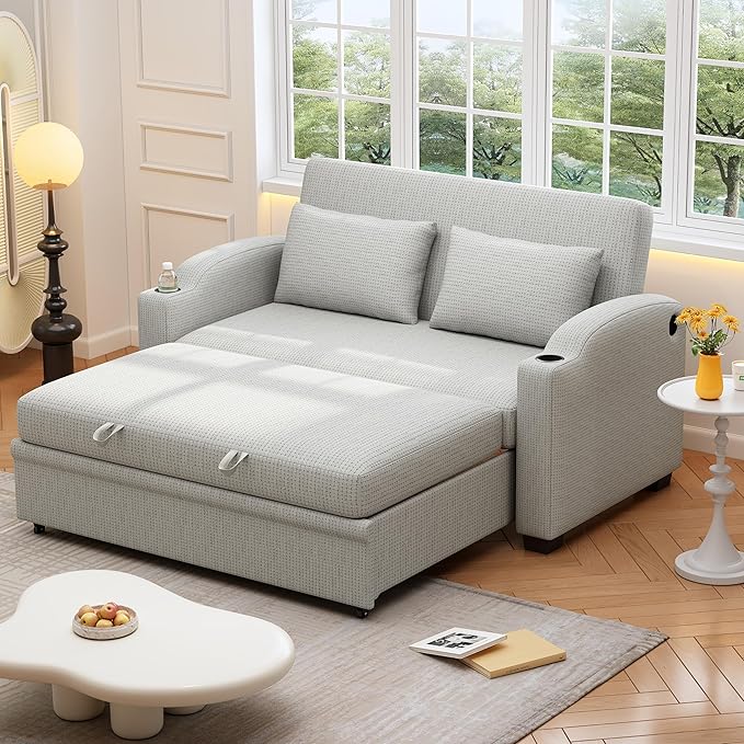 Merax 61.6 Pull Out Sleeper Sofa Bed Modern Chenille Convertible Loveseat Sofa with Adjsutable Backrest 2 Pillows Cup Holders USB Ports for Living Room Apartment White+Gray