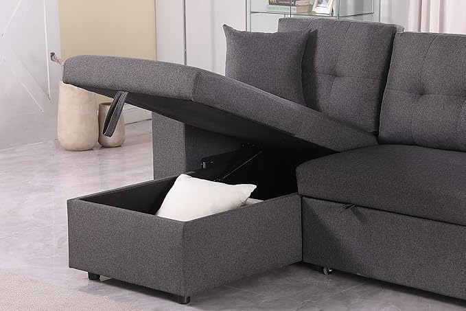 95 Reversible Sectional Sofa with Pull Out Sleeper Loveseat and Storaged ChaiseLinen Upholstered Couch W/ 2 Small Ottoman &amp Armrestfor DormApartmentStudioOfficeDark Gray