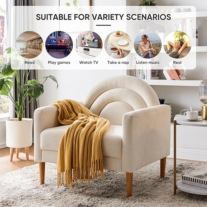 Accent Chair Reading Chair with Armrest Small Comfy Chair for Small Spaces Modern Linen Upholstered Armchair for Bedroom &amp Living Room Single Sofa Chair with Wood Legs Easy Assembly (Cream)
