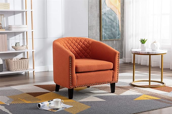 Accent Barrel Chair Living Room Chair with Nailheads and Solid Wood Legs Orange Linen