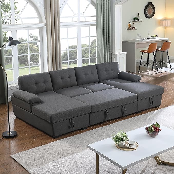 BEEY Sofa Bed 118 Oversized Sleeper Sectional Sofa with Storage Chaise U Shaped Sectional Couch with Pull Out Bed 6 Seater Pull Out Couch Bed for Living Room Bedroom (Dark Grey_4 Seater)