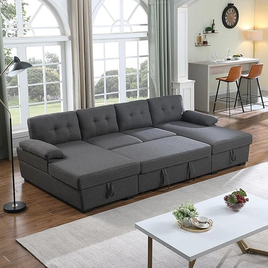 BEEY Sofa Bed 118 Oversized Sleeper Sectional Sofa with Storage Chaise U Shaped Sectional Couch with Pull Out Bed 6 Seater Pull Out Couch Bed for Living Room Bedroom (Dark Grey_4 Seater)