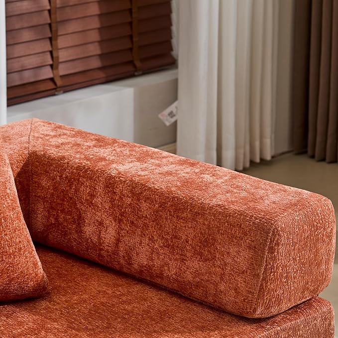 Convertible Couch Sofa Bed Foldable Floor Sleeper | Modern Fold Out Couch | Removable Backrest &amp Armrests | No Assembly Compression Sofa Sleeper for Living Room Bedroom | Orange Chenille
