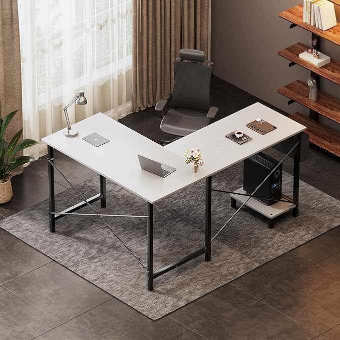 YSSOA 50 L Shaped Gaming Desk with Reversible Corner - Home Office Computer Desk with Wood Top Metal Frame CPU Stand &amp Storage Bag for Small Space Gaming Room White