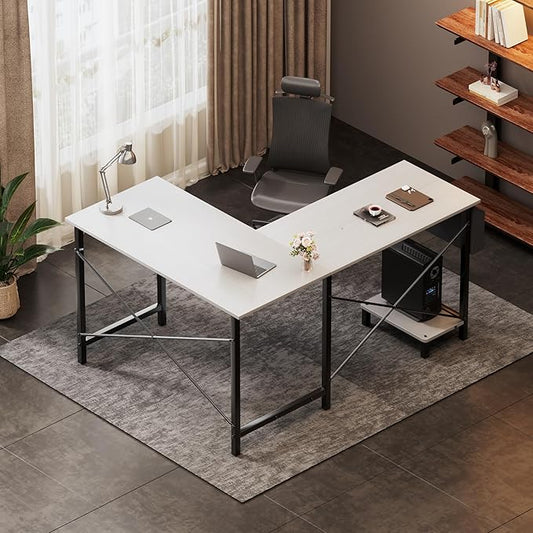 YSSOA 50 L Shaped Gaming Desk with Reversible Corner - Home Office Computer Desk with Wood Top Metal Frame CPU Stand &amp Storage Bag for Small Space Gaming Room White