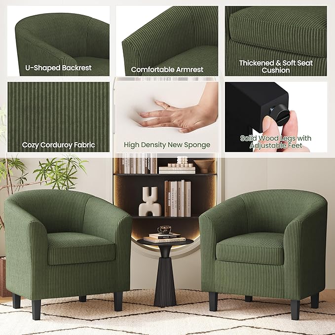 Topeakmart Corduroy Club Chair Modern Accent Chair and Cozy Barrel Chair with Sturdy Wood Legs for Living Room Bedroom Reception Room Dark Green