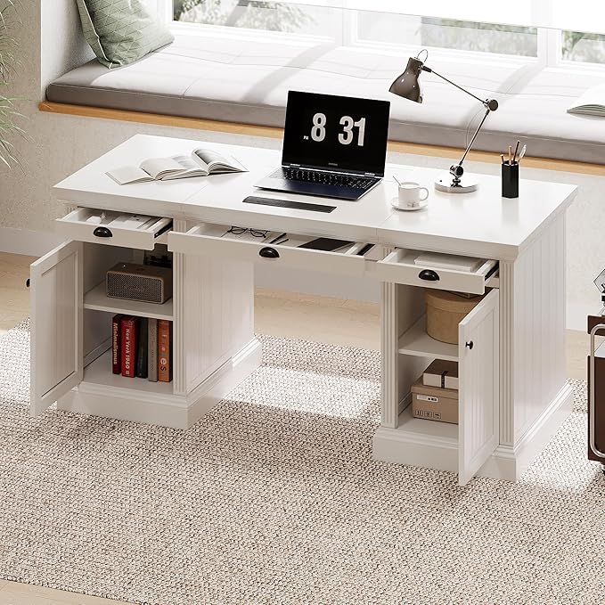 67 Modern White Executive Desk Computer Desk with 2 Wooden Doors Storage Cabinet &amp 3 Drawers Rectangle Home Office Desk with USB Ports Writing Table &amp Workstation for Study (White)