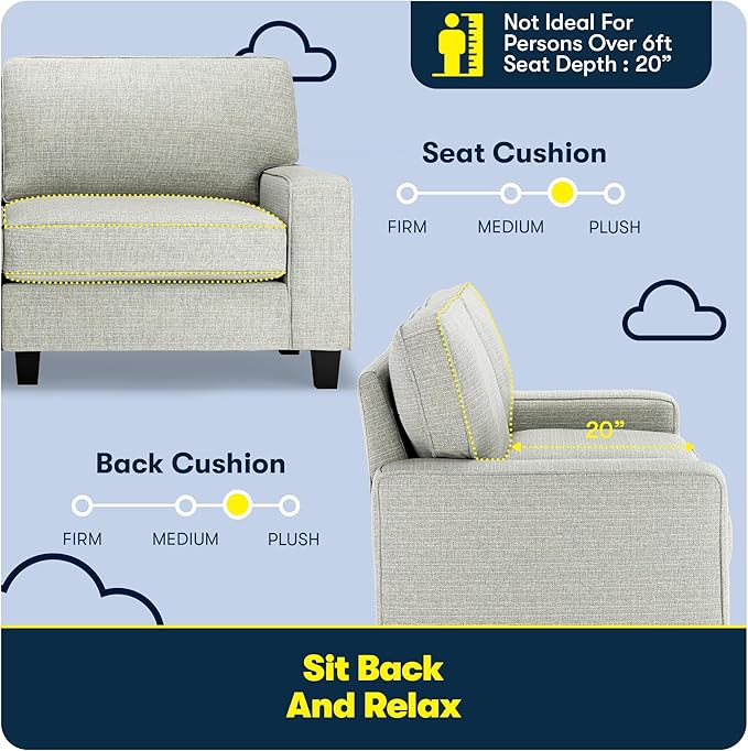 Serta Palisades 73 Track Arm Sofa Easy Care Polyester Soft Pillow Back Pocket Coil Seat Cushions Removable Covers Loveseat or Couch for Small Spaces Living Rooms or Bedrooms Pebble Gray