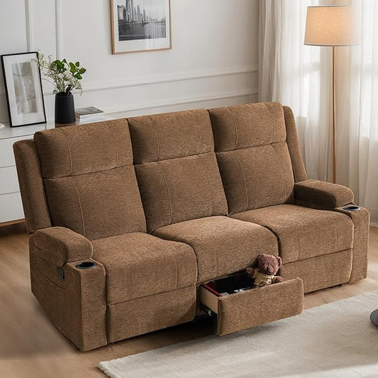 75'' Manual Reclining Sofa with Storage Drawer 3 Seat Wall Hugger Recliner Couch with Cup Holders Side Pockets Chenille Fabric Compact 3-Person Recliner for RV Living Room Apartment (Brown)