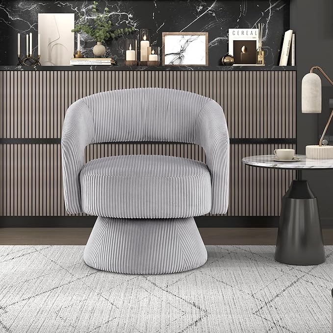 Lexicon 360 Degree Swivel Accent Chair Modern Comfy Corduroy Round Barrel Chair Open Back Plush Foam Cushions Metal Swivel Base for Living Room/Bedroom/Office Gray