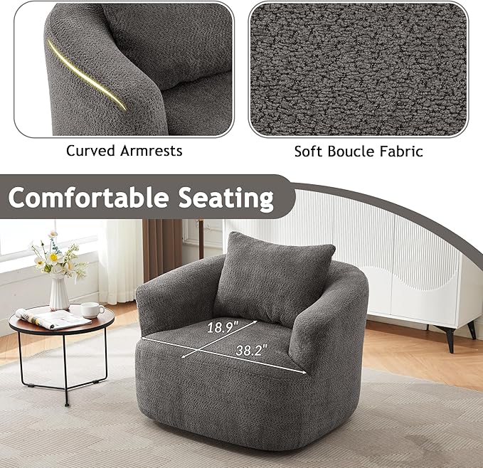 360° Swivel Accent Chair Boneless Barrel Armchair Ergonomic Upholstered Nursery Chair for Living Room Bedroom Comfy Boucle Fabric