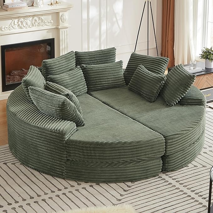 78.5 Oversized Round Chaise LoungeModular Convertible 2-in-1 Sofa Bed Upholstered CorduroyBoneless Plush Couches with PillowNo Assembly RequiredGreen