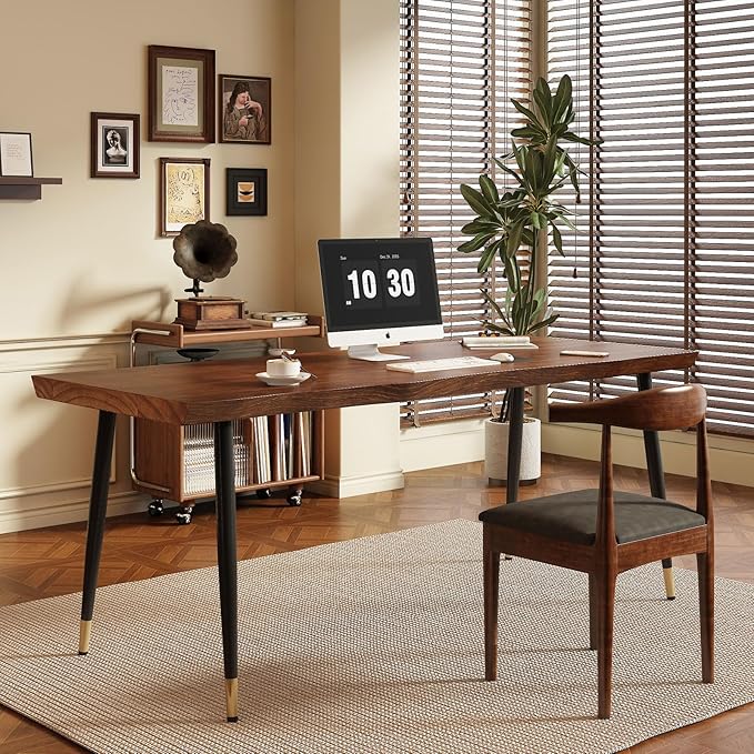 Solid Wood Desk 55 inches Home Office Computer Desk Wooden Rustic Writing Desk Metal Modern Simple Design Executive Real Wood Desk(Walnut)