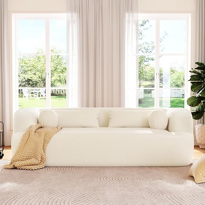 86 Curved Cloud Couch Curved SofaBoneless Couch Upholstered Sofa with Pillows No Assembly with High-Density Foam 3-Seater Luxury Modern Compressed Sofa Beige
