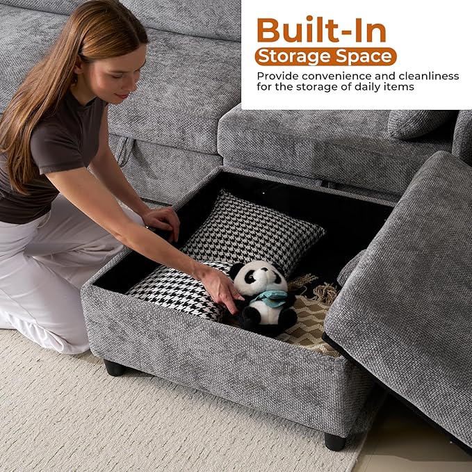 103'' L Shaped Couch Cloud Modular Sectional Sofa with Storage Extra Deep Seat Modern Chenille Sofa with Chaise Throw Pillows 4 Seat Convertible Sectional Couches for Living Room Grey