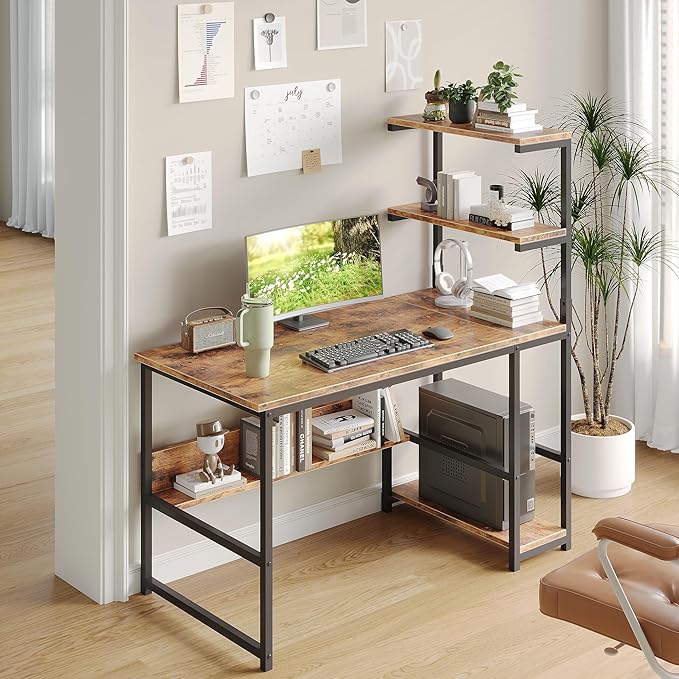 L-Shaped Computer Desk with 4-Tier Storage Shelves 43 inch Writing Desk with Bookshelf for Home Office Reversible Corner Gaming Desk for Bedroom Brown (Brown)