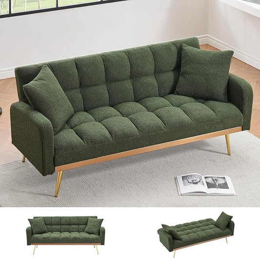 KEIKI 69 Folding Futon Sofa Couch w/Adjustable Backrest Mid Century Modern Loveseat Convertible to Sleeper Bed Small Comfy Teddy Cloud Couch SofaBed for Living Room &amp Bedroom 2 Pillows Green