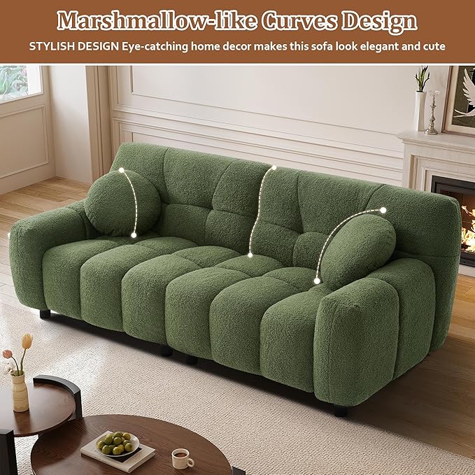 73 Boucle Cloud Sofa Couch with 2 Soft PillowsComfy Upholstered Teddy 2 Seater LoveSeat SofaModern Deep Seat Sherpa Cloud Couch Oversized Loveseat for Living Room Bedroom ApartmentOlive Green