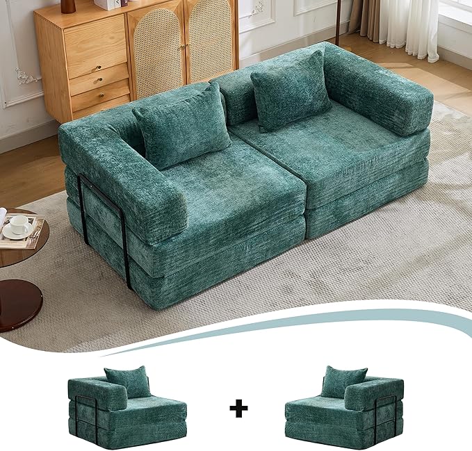 Convertible Floor Sofa Bed 3-Seat Modular Sectional Chenille Fabric No Assembly Required 118 inches Beige (2 Dark Green)