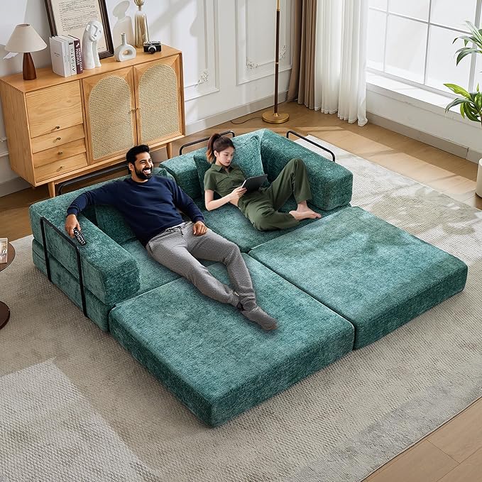 Convertible Floor Sofa Bed 3-Seat Modular Sectional Chenille Fabric No Assembly Required 118 inches Beige (2 Dark Green)