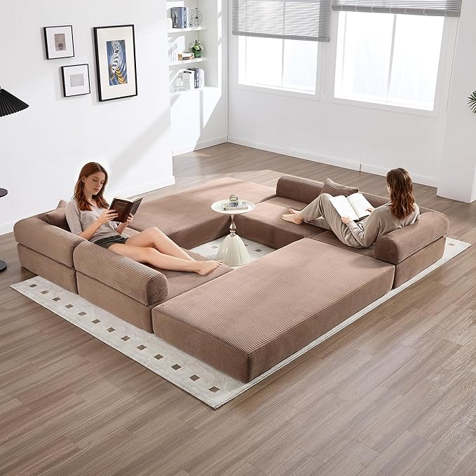 10-in-1 Folding Convertible Sofa Bed 141 Inch Boneless Couch with Fixed-Shape Frame Corduroy Modular Sectional Sofa Mattress Sleeper Sofa Floor Sofa Futon Couch for Living Room (Brown)