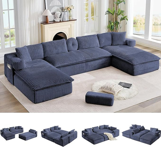 Oversized Cloud Boneless Couch with Chaise 149 Modern U Shape Modular Deep Seat Sectional Sofa Comfy Corduroy Upholstered Couches for Living Room No Assembly Required Navy Blue