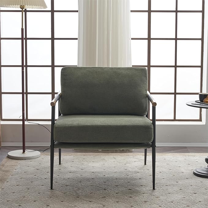 Upholstered Mid Century Lounge Chair Reading Armchair Chenille Fabric Modern Arm Chair with Metal e Accent Chair for Living Room Green