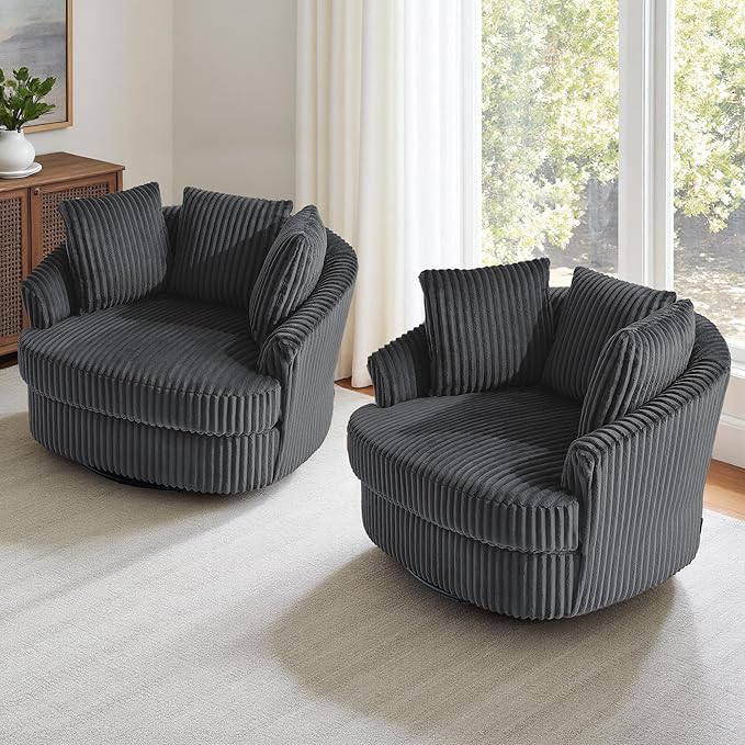 Oversized Round Swivel Barrel Accent Chair with Pillows Comfy Modern Chaise Lounge Sofa Indoor for Living Room Bedroom (Dark Grey Set of 1)