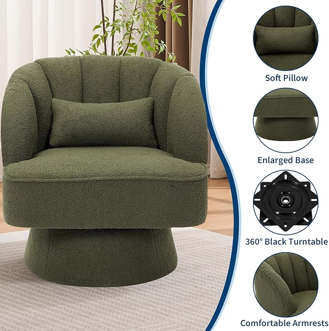 Mid Century Modern Swivel Barrel Chair - 360° Swivel Accent Chair with Plush Teddy Fleece Upholstery &amp Wide Cushioned Seat Round Lounge Sofa Chair for Living Room Bedroom Office (Green 2 PCS)