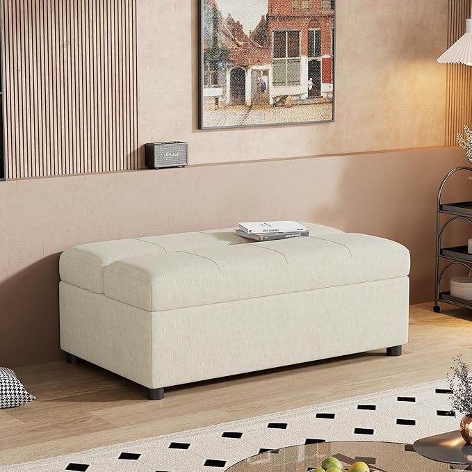 46 Ottoman Folding Bed Twin Size Convertible Ottoman Pull Out Bed with Memory Mattress Foldable Sofa Beds Dual Use Guest Sleeper Couch for Living Room Bedroom Guest Room RV (White+Chenille)