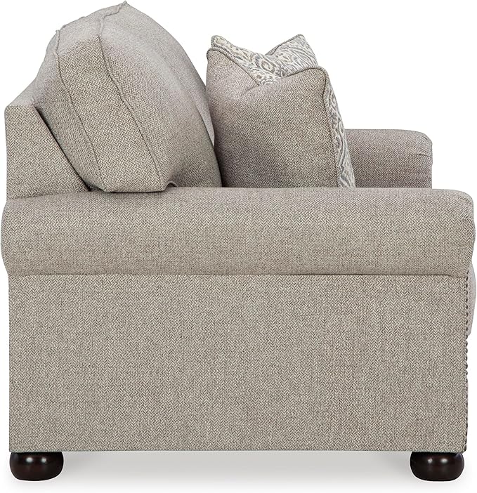 Signature Design by Ashley Gaelon Transitional Loveseat with Nailheads and 2 Accent Pillows Beige