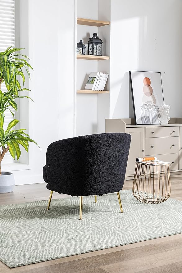 30.32 W Accent Chair Upholstered Curved Backrest Reading Chair Single Sofa Leisure Club Chair with Golden Adjustable Legs for Living Room Bedroom Dorm Room (Black Boucle)