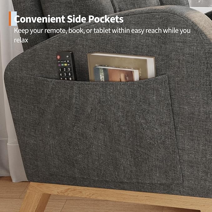 GarveeHome Nursery Rocking Chair Linen Fabric Upholstery Sturdy Wooden Legs &amp High Backrest Comfortable Glider Rocking Chair for Living Room or Bedroom Dark Grey