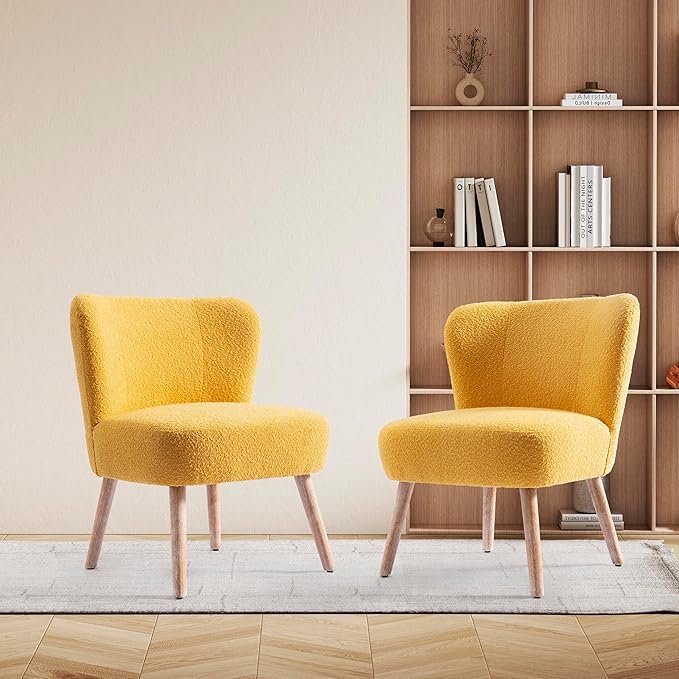 Costaelm Bedroom Accent Chairs Set of 2 Upholstered Fabric Chairs Makeup Vanity Chair Teddy Fuzzy Chair and Sherpa Chair for Living Room Reading Room Dining Room Office Mustard