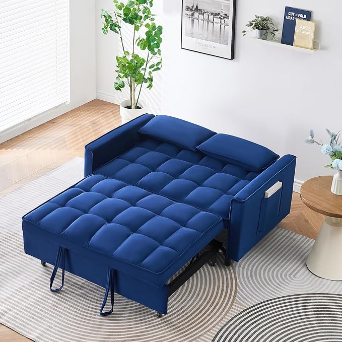 55 Modern Velvet Loveseat Sleeper Sofa 3-in-1 Convertible Pull-Out Bed with Adjustable Backrest 2 Pillows &amp Side Pockets Small Pull Out Couch for Living Room Apartment(Blue)