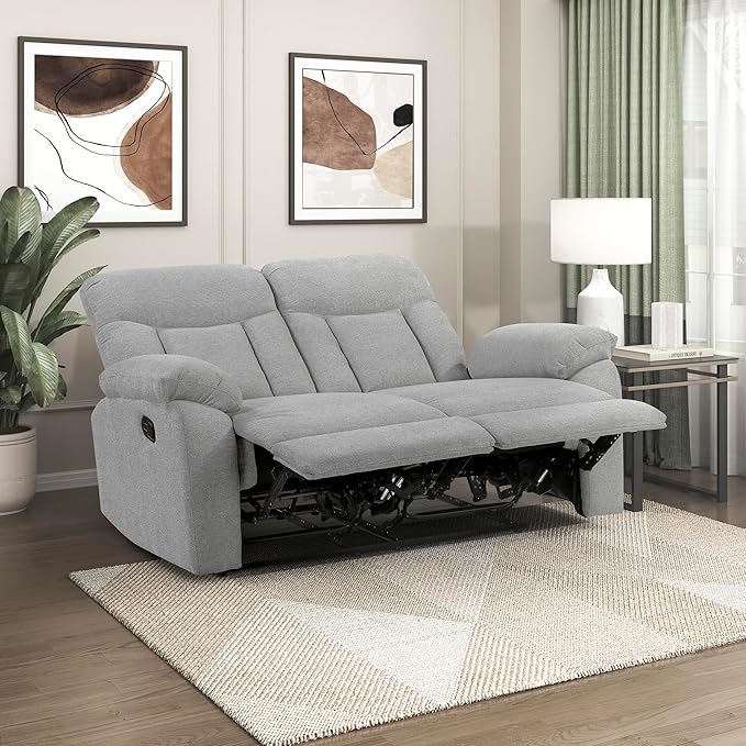 Lexicon Manual Double Recliner Loveseat for Living Room Chenille Fabric Upholstered Reclining Sofa Home Theater Seating Easy Assembly Recliner Love Seat Couch Gray
