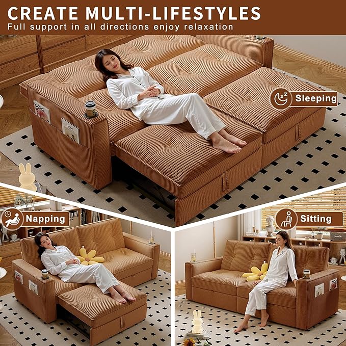74'' Convertible Sofa Bed 2-in-1 Velvet Sleeper Sofa for Small Spaces Modern Loveseat &amp Guest Bed Apartment &amp Dorm FurnitureOrange | Convertible Sofa Bed