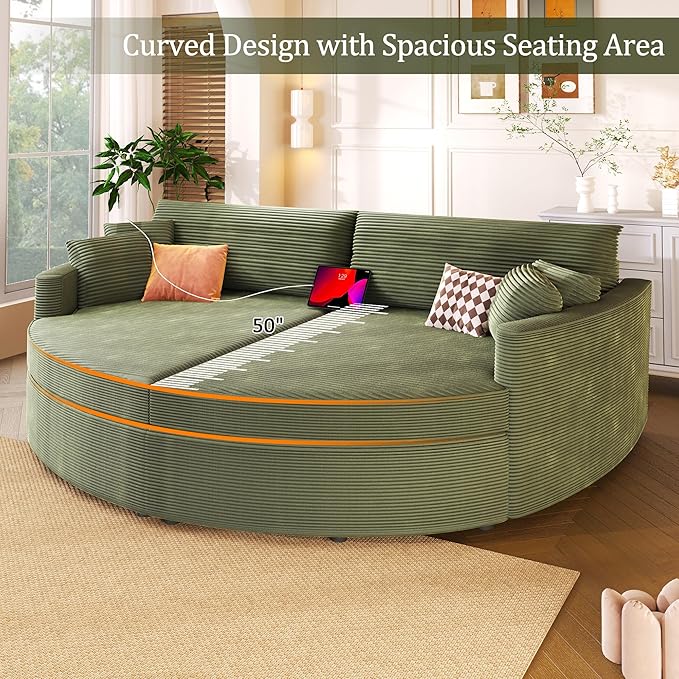 Merax 102.3 Oversized Double Chaise Lounge Indoor Comfy Corduroy Upholstered Loveseat Sleeper Sofa Bed Deep Seat Cloud Couch with USB Ports and Throw Pillows for Living Room Green