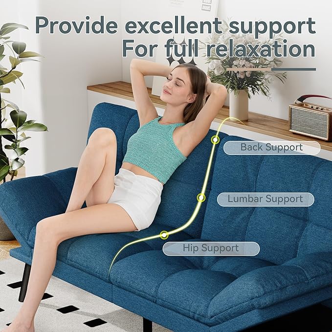 Opoiar Convertible Futon Sofa Bed Blue Linen Futon Couch with Adjustable Backrest &amp Armrests Folding Small Recliner Sleeper Sofa Bed for Living Room Apartment Office
