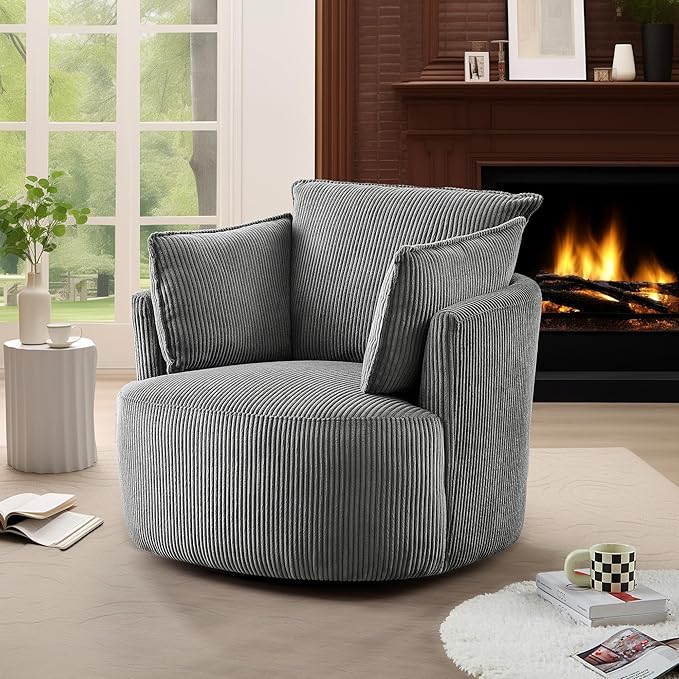 Swivel Accent Chair Round Barrel Armchair Upholstered Living Room Chair Corduroy Reading Chair Single Sofa Chair for Bedroom Apartment Office (Grey Standard 1Seater)