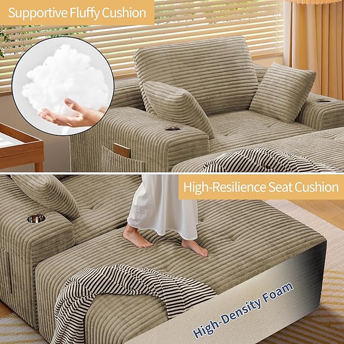 MoonSpeak 67 Boneless Reading Chair with Lounges Chaise Indoor Corduroy Cloud Couch with 1 Ottoman Upholstered Sleeper Sofa Bed with Wide Armrest and 3 Pillows for Living RoomReading Room (Khaki)