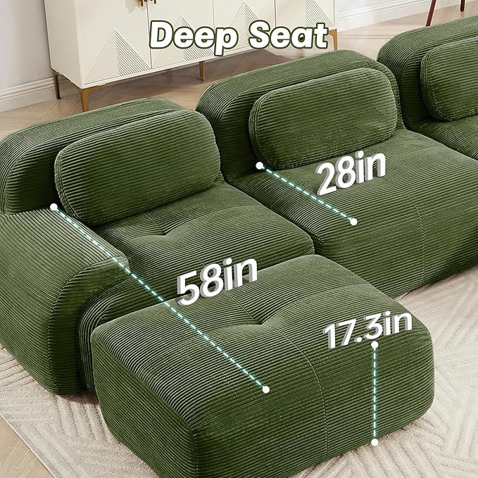 Cloud Sectional Couch Boneless Couch 117.3'' Modular Sectional Sofa Oversized Modular Cloud Sofa Comfy Corduroy Sofas 3 Seater Deep Seat Couches for Living Room No Assembly Couches Green