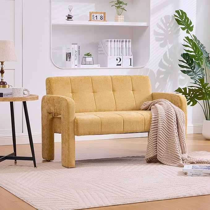 47'' Modern Loveseat Comfortable Small Couch for Two with Chenille Fabric Minimalist Accent Chair for Bedroom Office Entryway Dorm (Mustard Yellow)