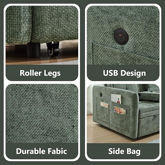 57.48 Convertible Sofa Bed with Cup Holder Pull Out Sleeper Sofa Bed with USB Charging Ports 3 in 1 Convertible Sleeper Sofa Bed for Living Room Apartment Bedroom RV Green